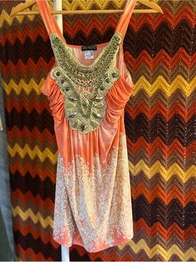 VENUS Y2K Coral Orange Tank with Gold Beaded Embellishment